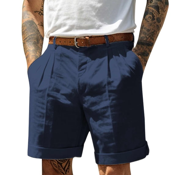 Mens Pleated Front Linen Cotton Chino Shorts Lightweight Summer Golf Casual Roll Cuff Knee Length Bottoms Blue L