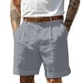 thumbnail image 1 of Mens Pleated Front Linen Cotton Chino Shorts Lightweight Summer Golf Casual Roll Cuff Knee Length Bottoms Gray L, 1 of 5