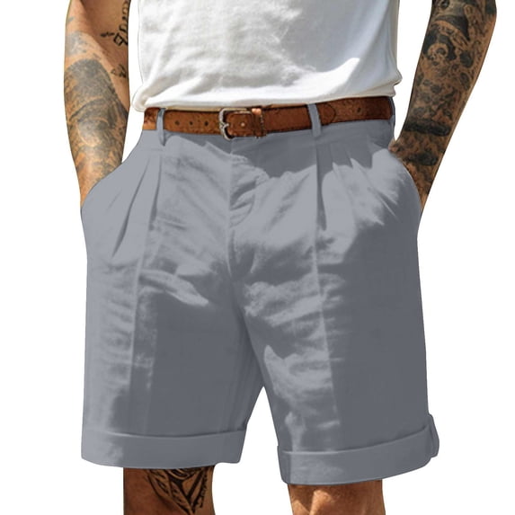 Mens Pleated Front Linen Cotton Chino Shorts Lightweight Summer Golf Casual Roll Cuff Knee Length Bottoms Gray L