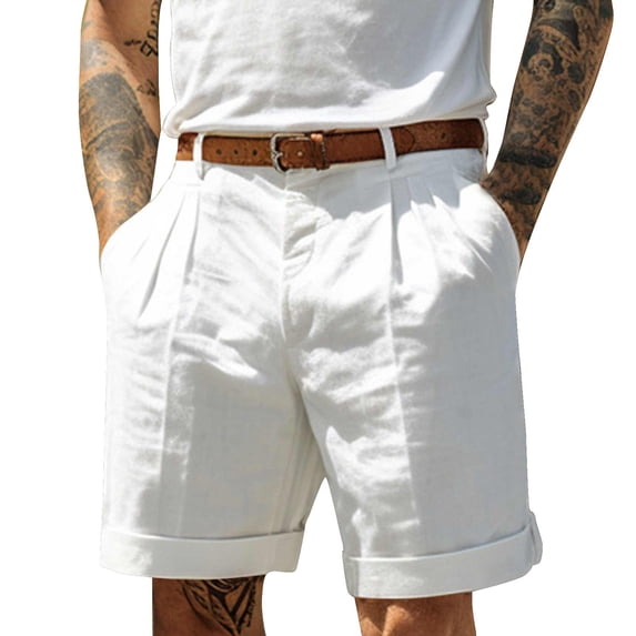 Mens Pleated Front Linen Cotton Chino Shorts Lightweight Summer Golf Casual Roll Cuff Knee Length Bottoms White L