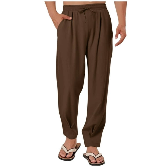 Mens Pleated Linen Pants Loose Casual Harem Trousers with Pockets Drawstring Light Weight Lounge Pants L, Coffee
