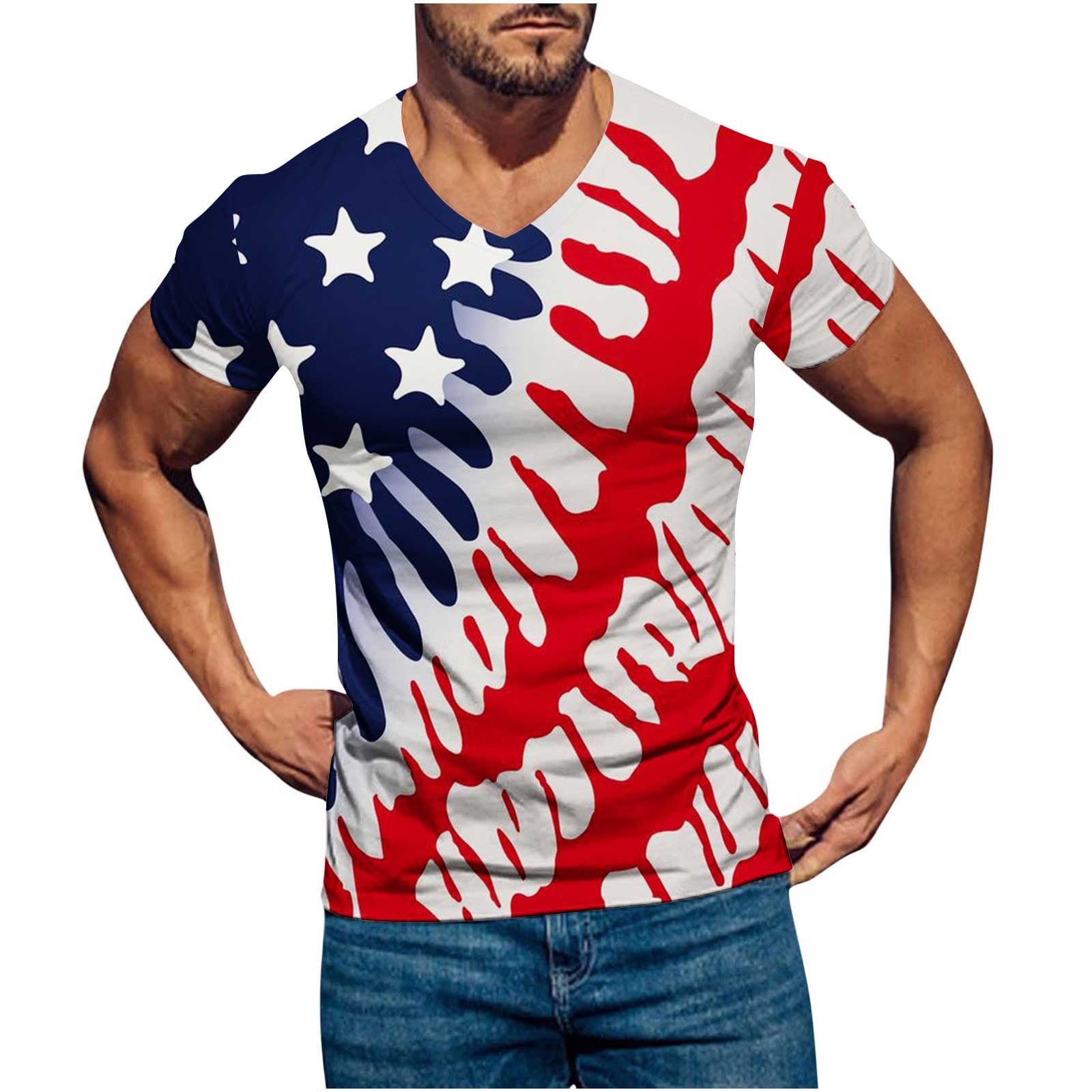 Mens Plus Size American Flag Print T-Shirt Independence Day Theme