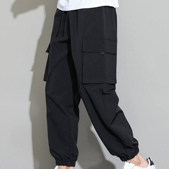 Mens Plus Size Cargo Pants Big and Tall Relaxed Multi Pockets Drawstring Tapered Hiking Trousers Casual Solid Lightweight Elastic Waist Jogger Pant