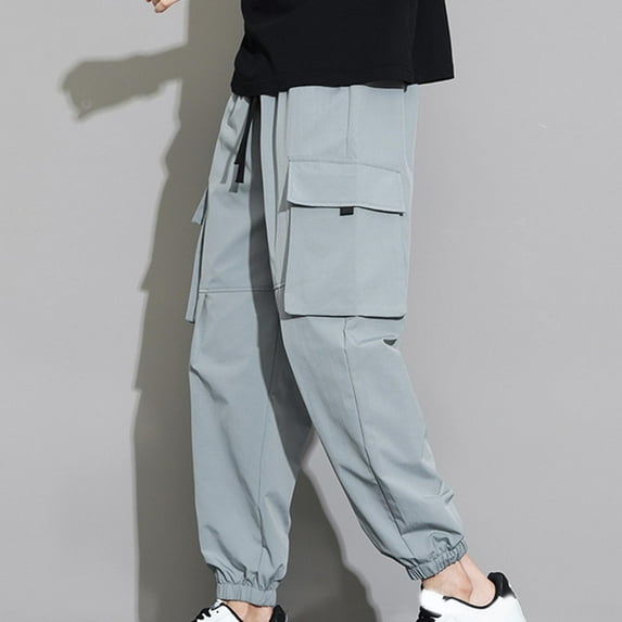 Mens Plus Size Cargo Pants Big and Tall Relaxed Multi Pockets Drawstring Tapered Hiking Trousers Casual Solid Lightweight Elastic Waist Jogger Pant