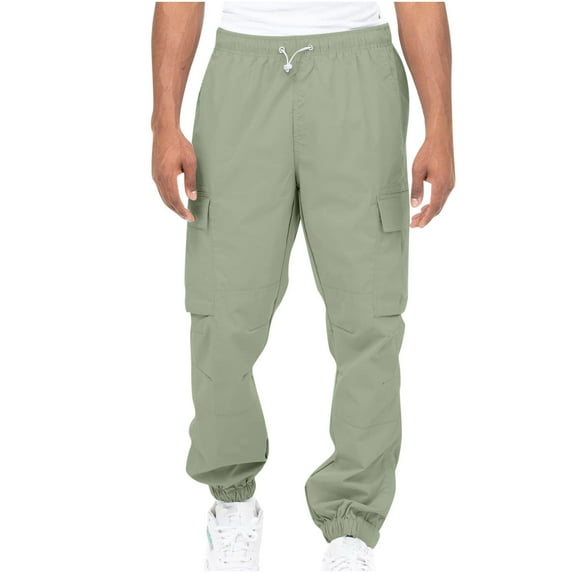 Mens Plus Size Cargo Pants, Outdoor Casual Solid Loose Hiking Cargo Pants Multiple Pockets Drawstring Workout Sweatpants Tactical Straight Fit Cropped Trousers Athletic Cotton Jogger Pants
