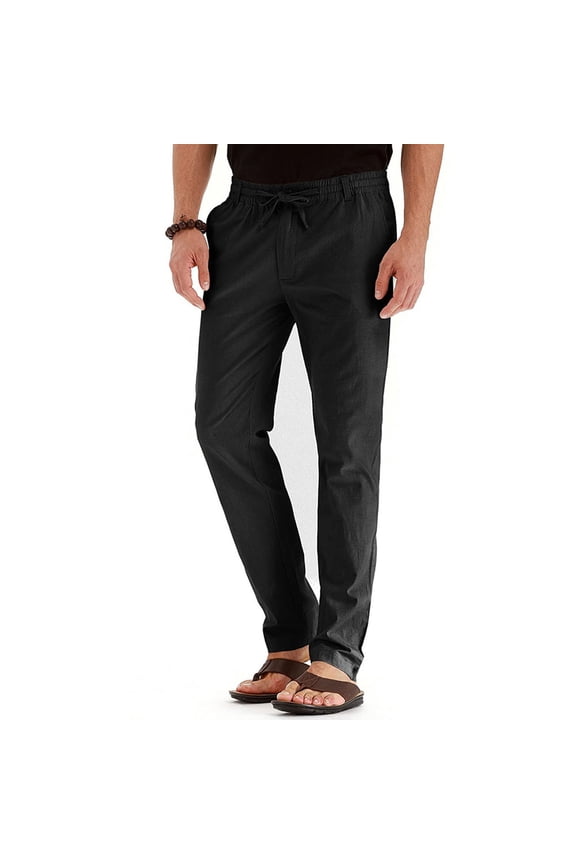 Mens Plus Size Cotton Pants Elastic Waist Drawstring Chino Pants Tapered Twill Trousers with Pockets Casual Business Pants