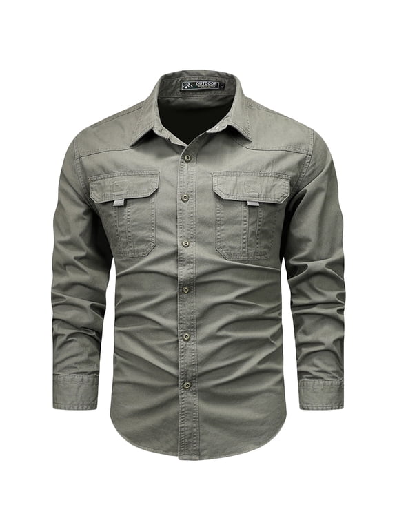 Mens Plus Size Cotton Shirt with Pockets Big and Tall M-5x Long Sleeve Button Up Collared Shirt Casual Solid Slim Outdoor Hiking Cargo Tops