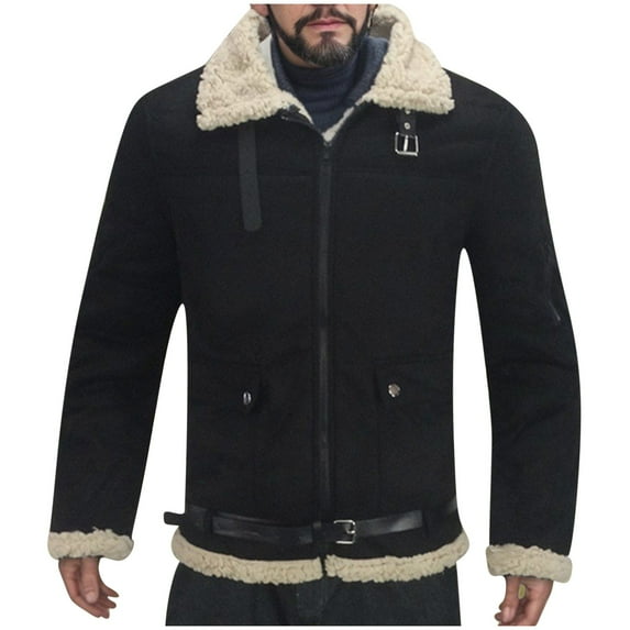 Mens Plus Size Faux Leather Jacket Cozy Sherpa Fleece Lined Bomber Winter Coat Heavyweight Suede Faux Fur Trench Coats