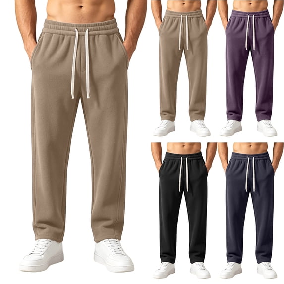 Mens Plus Size Fleece Sweatpants Loose Straight Leg Warm Pants Winter Lounge Khaki 5XL