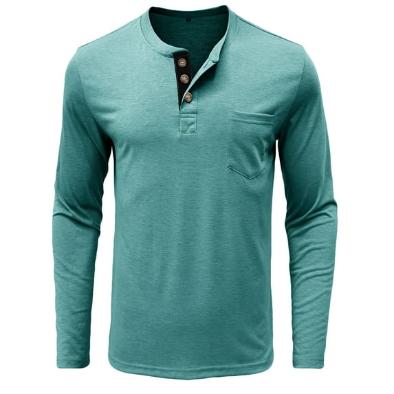 Mens Plus Size Henley Shirt, Long Sleeve Shirts for Men Fall Dressy Casual Vintage Solid Color Button Up T-Shirts with Pockets S-3XL