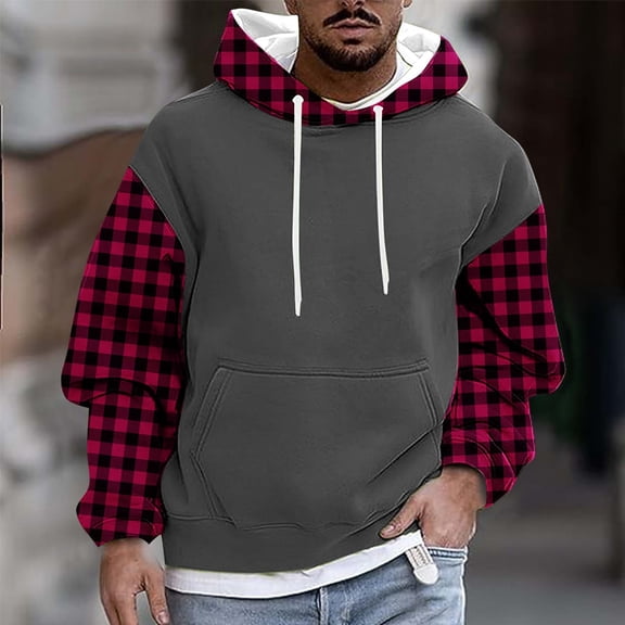 Mens Plus Size Hoodies Big & Tall M-4X Fleece Lined Long Sleeve Sweatshirts with Pocket Pullover Plaid Printed Warm Going-Out Streetwear Hoodie Tops