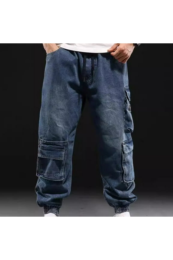 Mens Plus Size Jeans Men Big and Tall Casual Loose Wide Leg Vintage Outdoor Fashion Solid Color Pocket Jeans Cargo Pants