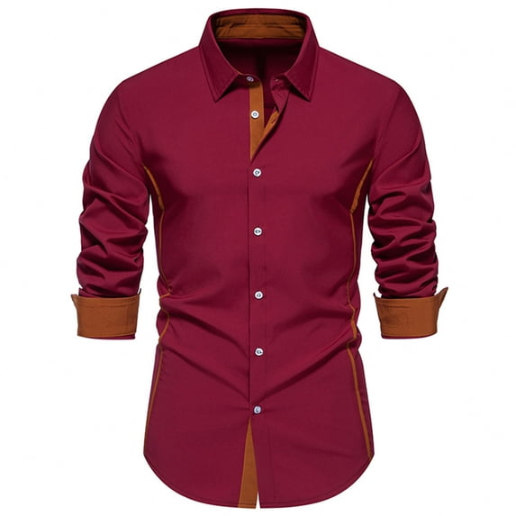 Mens Plus Size Lapel T-Shirts, Long Sleeve Shirts for Men Fall Business Casual Vintage Solid Color Button Down Dressy Blouses S-2XL