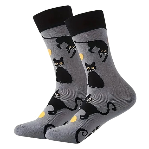 Mens Plus Size Mid Calf Cotton Socks Animal Life Theme Casual Knit Crew Socks For Larger Feet With Cat Pattern