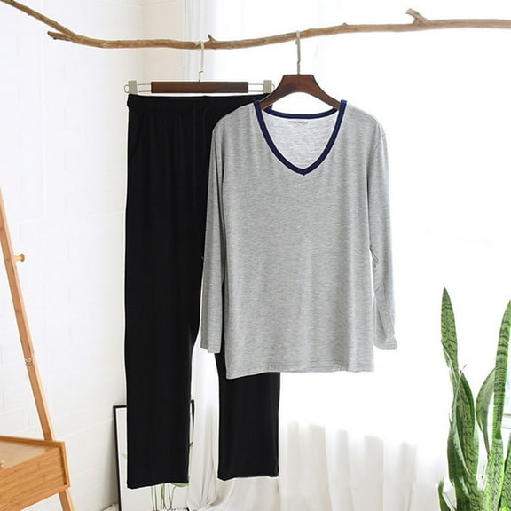 Mens Plus Size Pajama Sets L-4X Two Piece Soft Modal Loungewear Set Casual Solid Pajamas Long Sleeve T Shirts and Pants Homewear Outfits