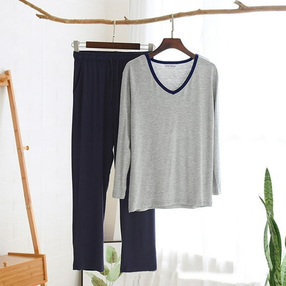 Mens Plus Size Pajama Sets L-4X Two Piece Soft Modal Loungewear Set Casual Solid Pajamas Long Sleeve T Shirts and Pants Homewear Outfits