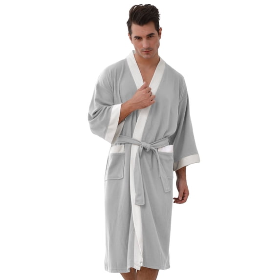 Mens Plus Size Robe Big And Tall Long Sleeve Color-Blocking Pajamas Quick-drying Water Absorbent Loose Comfortable Lounge Robe