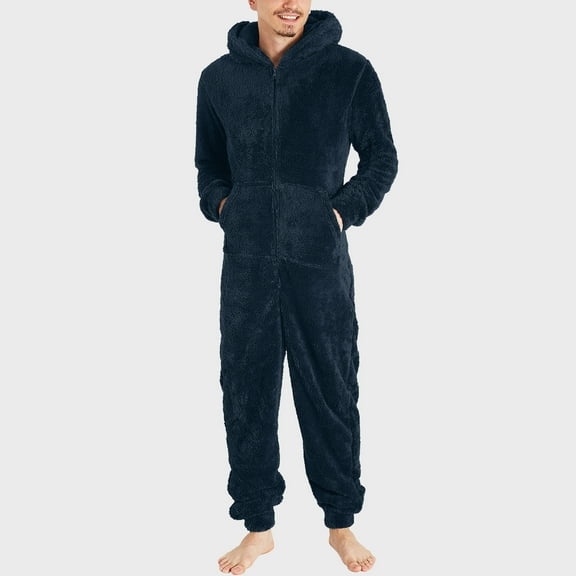 Mens Plus Size Sharpe Lined Hooded Jumpsuit Full Zip Long Sleeve Warm Pajamas Solid Color Pockets Fleece One Piece Jumpsuits
