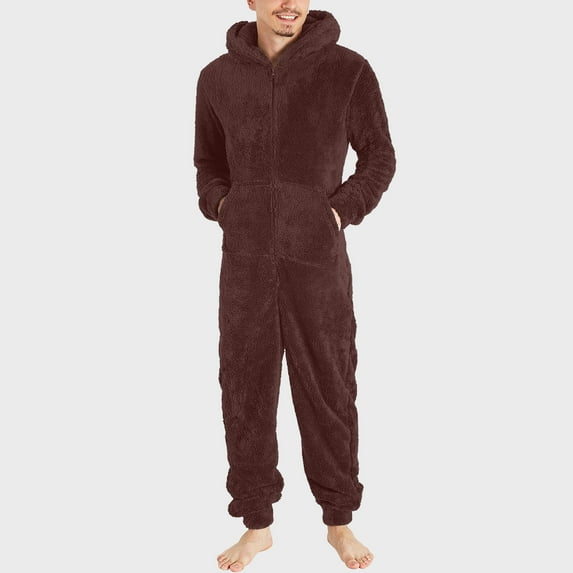Mens Plus Size Sharpe Lined Hooded Jumpsuit Full Zip Long Sleeve Warm Pajamas Solid Color Pockets Fleece One Piece Jumpsuits