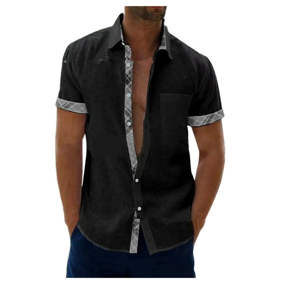 Mens Plus Size Shirts Casual Short Sleeve Cuff Collar Contrasting Colors Shirt Turndown Collar Blouse T-shirt