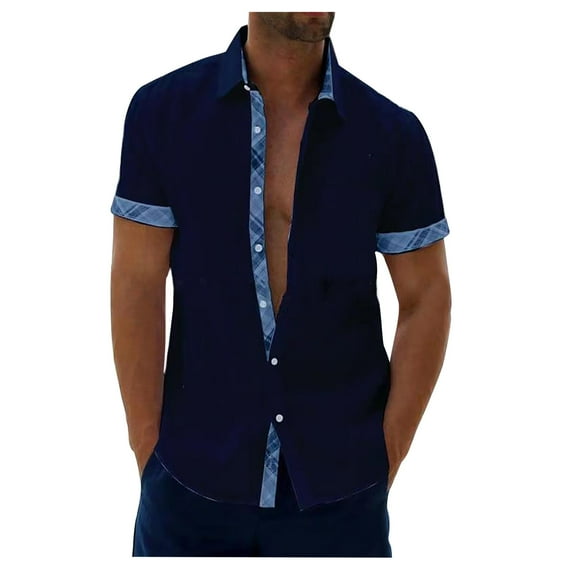 Mens Plus Size Shirts Casual Short Sleeve Cuff Collar Contrasting Colors Shirt Turndown Collar Blouse T-shirt