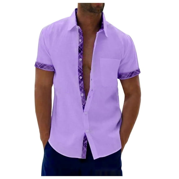 Mens Plus Size Shirts Casual Short Sleeve Cuff Collar Contrasting Colors Shirt Turndown Collar Blouse T-shirt