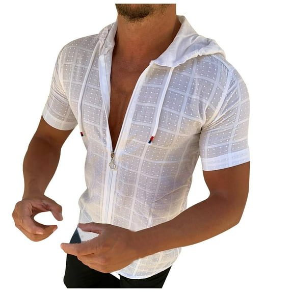 Mens Plus Size Shirts Casual Short Sleeve Hooded Blouse Short Sleeve Slim-fit Blouse Tops Shirt
