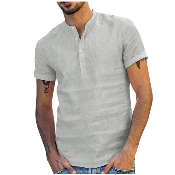 Mens Plus Size Shirts Baggy Cotton And Linen Solid Short Sleeve V-Neck T-Shirts Tops Blouse