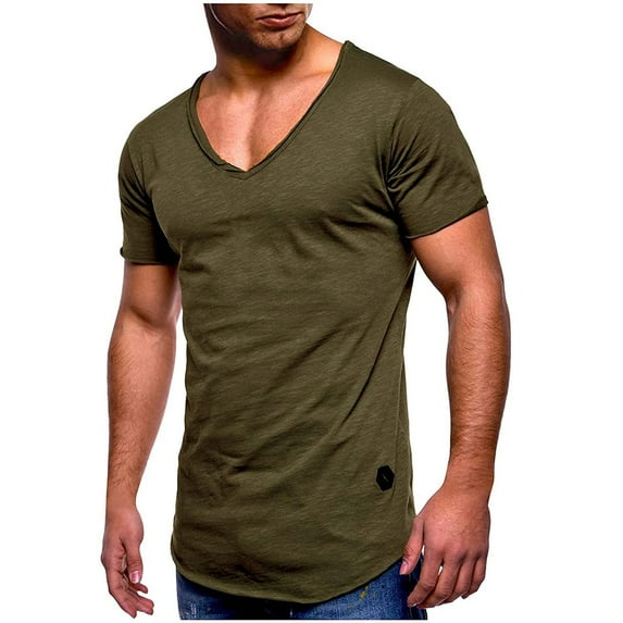 Mens Plus Size Shirts Clearance Summer Solid Color Slim Fit V-neck Fashion Short Sleeve Top T-shirt