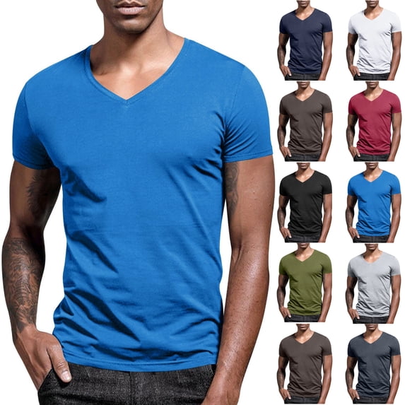 Mens Plus Size T-shirts Casual V-Neck Cool Short Sleeve Solid Color Lightweight Fashionable Workout Shirt Sky Blue S-5XL