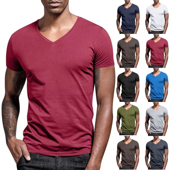 Mens Plus Size T-shirts Casual V-Neck Cool Short Sleeve Solid Color Lightweight Fashionable Workout Shirt Wine S-5XL