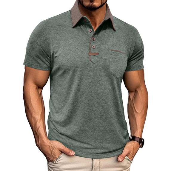 Mens Plus Size T-shirts Color-blocking Button Lapel Short Sleeve Pullover Loose Office Buiness Shirt with Pocket Green S-3XL