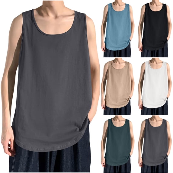Mens Plus Size Tank Tops Cotton Crew Neck Sleeveless Solid Vests Summer Casual Comfy Loose Home Tee Shirts