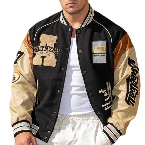 RAOENJADO Mens Varsity Bomber Jacket Baseball Letterman Coat Vintage PU Sleeves Streetswear Plus Size