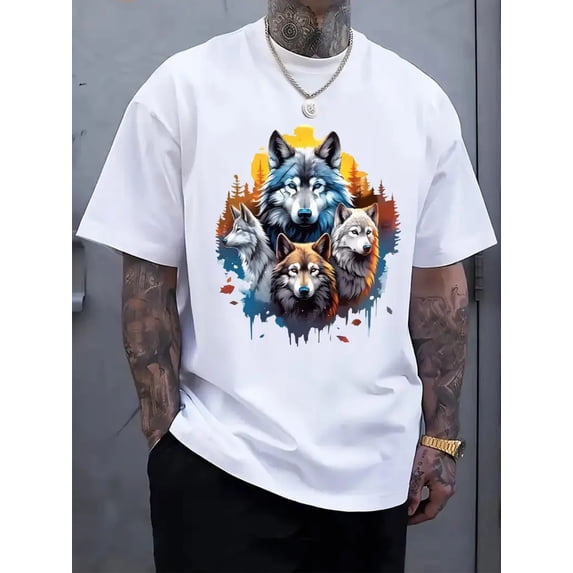 Mens Plus Size Wolf Forest Sunset Art Graphic Casual Summer Short‑Sleeve T‑Shirt
