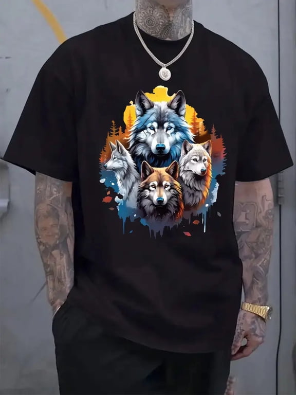 Mens Plus Size Wolf Forest Sunset Art Graphic Casual Summer Short‑Sleeve T‑Shirt