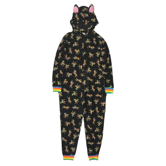 Mens Plush Black Rainbow Unicorn Hoodie Union Suit Sleeper Pride Pajamas L/XL