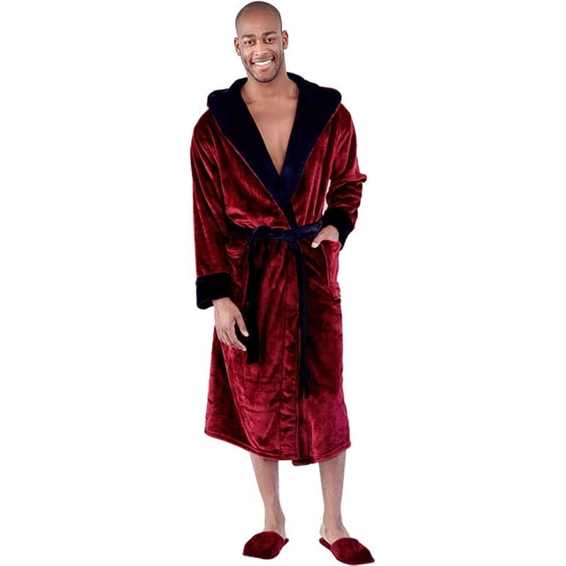 Mens Plush Hooded Robe Long Fleece Spa Bathrobe for Men