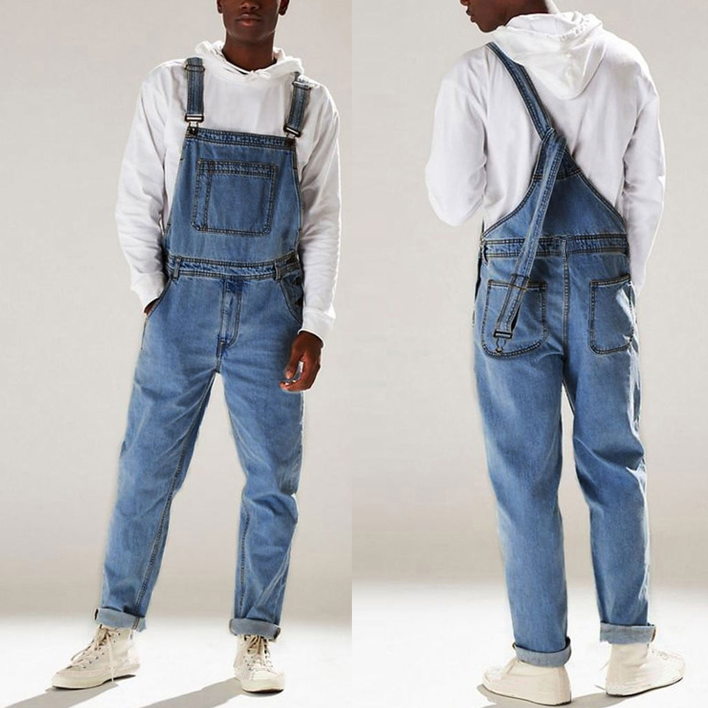Mens Pocket Jeans Overall Jumpsuit Streetwear Suspender Pants 