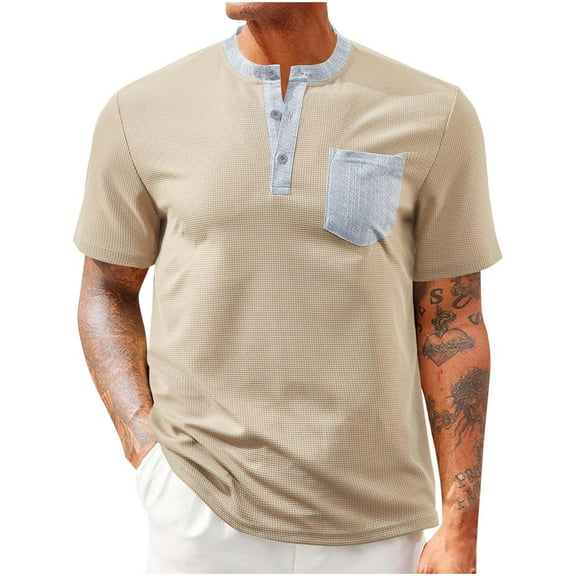 Mens Pocket Tee Shirts Qiggri Men Fashion Leisure Color Block Pocket Button Round Neck Short Sleeve Round-Neck Blouses Mens Work Shirts