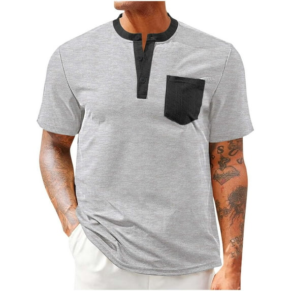 Mens Pocket Tee Shirts Qiggri Men Fashion Leisure Color Block Pocket Button Round Neck Short Sleeve Round-Neck Blouses Mens Work Shirts