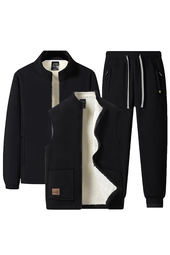 Mens Polar Fleece 3 Pieces Sets Fall Winter Outfits Flannel Warm Quilted Sleeveless Jackets Open-Front Full-Zip Sweatshirt Drawstring Elastic Waist Joggers Pants Workout Running Golf Sweatsuits