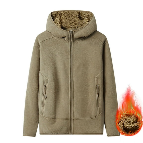 Mens Polar Fleece Hoodies Zip Up Long Sleeve Solid Color Hooded Warm Jacket with Pockets for Men Winter Coats (Khaki S)