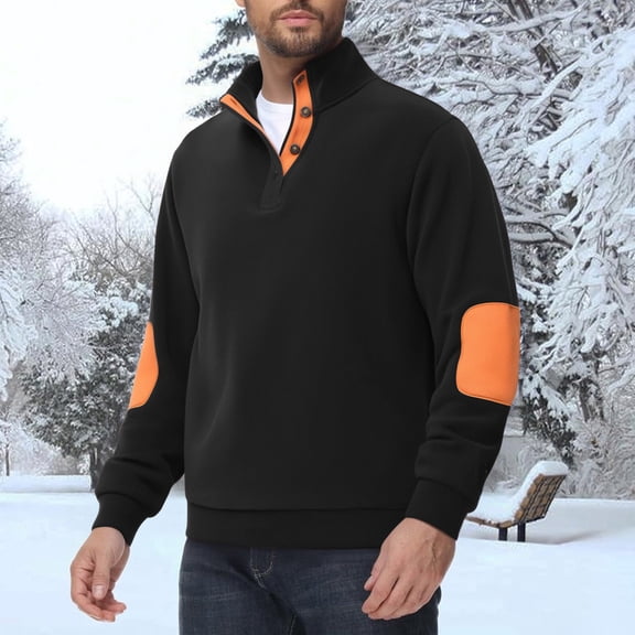 Mens Polar Fleece Sweatshirt Casual Stand Collar Quarter Button Color Block Pullover Long Sleeve with Pockets (XL, Black)