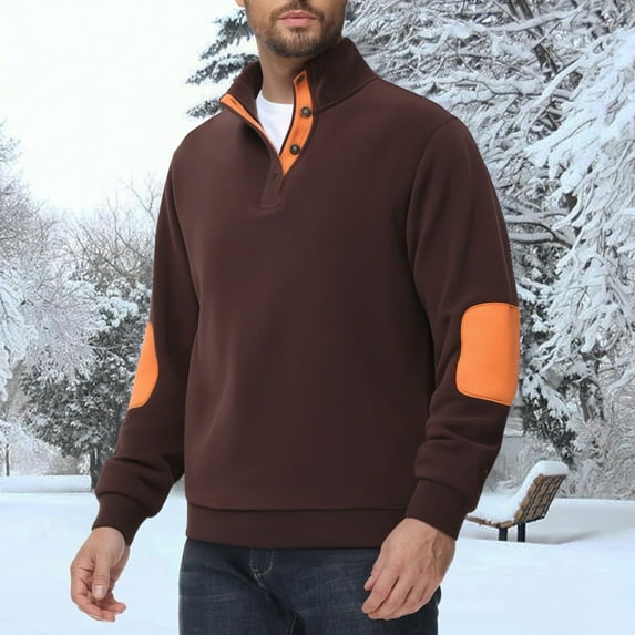 Mens Polar Fleece Sweatshirt Casual Stand Collar Quarter Button Color Block Pullover Long Sleeve with Pockets (XXL, Coffee)