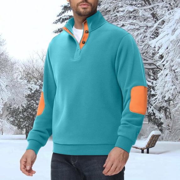 Mens Polar Fleece Sweatshirt Casual Stand Collar Quarter Button Color Block Pullover Long Sleeve with Pockets (XXL, Sky Blue)