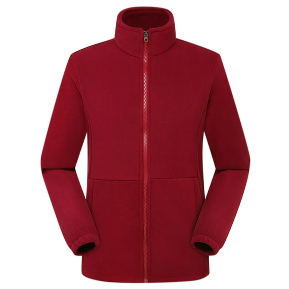 Mens Polar Fleece Zip Up Jacket Winter Warm Stand Collar Coats with Pockets for Men Loose Solid Color Outerwear (Wine XL)