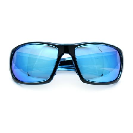 Mens Polarized Antiglare Biker Wrap Around Plastic Sport Sunglasses Black Blue - Blue Mirror