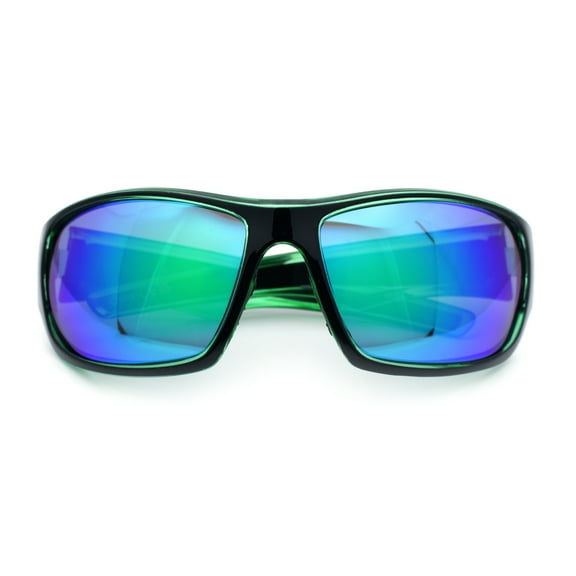 Mens Polarized Antiglare Biker Wrap Around Plastic Sport Sunglasses Black Green - Teal Mirror