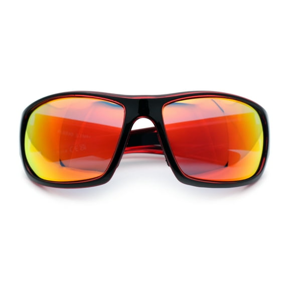 Mens Polarized Antiglare Biker Wrap Around Plastic Sport Sunglasses Black Red - Orange Mirror